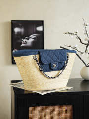 Uubags Chanel large shopping bag straw, canvas, sheepskin & gold-colored metal dark blue 26x54x18cm - 3