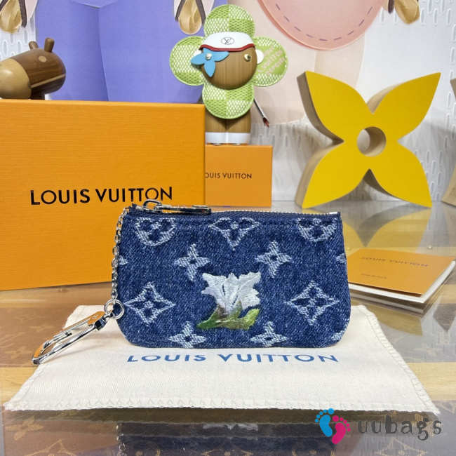 Uubags Louis Vuitton M27561 Pochette Clés Monogram Flowers Denim In Blue 13x8x1.5cm - 1