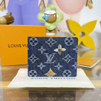 Uubags Louis Vuitton Multiple Wallet Monogram Flowers Denim In Blue 11.5x1.5x9cm