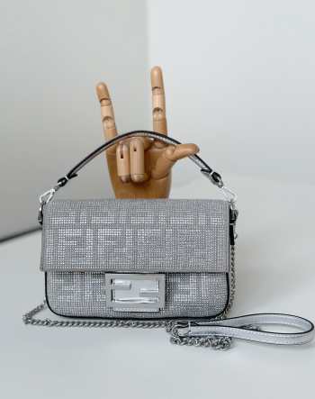 Uubags Fendi Baguette mini silver suede bag with FF in crystals and studs 20x5x13cm