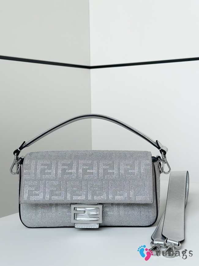 Uubags Fendi Baguette medium silver suede bag with FF in crystals and studs 27x6x15cm  - 1