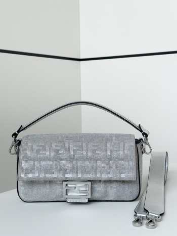 Uubags Fendi Baguette medium silver suede bag with FF in crystals and studs 27x6x15cm 