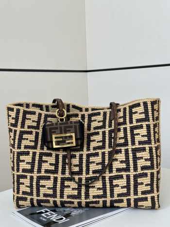 Uubags Fendi Roll large brown FF raffia crochet shopper 35x19.5x32cm