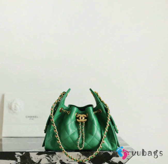 Uubags Chanel 25 mini handbag calfskin with grain effect & gold metallic in dark green 20x22x12.5cm - 1