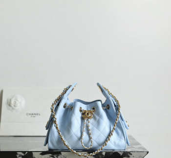 Uubags Chanel 25 mini handbag calfskin with grain effect & gold metallic in sky blue 20x22x12.5cm