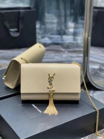 Uubags YSL Kate Small Tassel Bag In Grain De Poudre Embossed Leather Beige 24x14.5x5cm