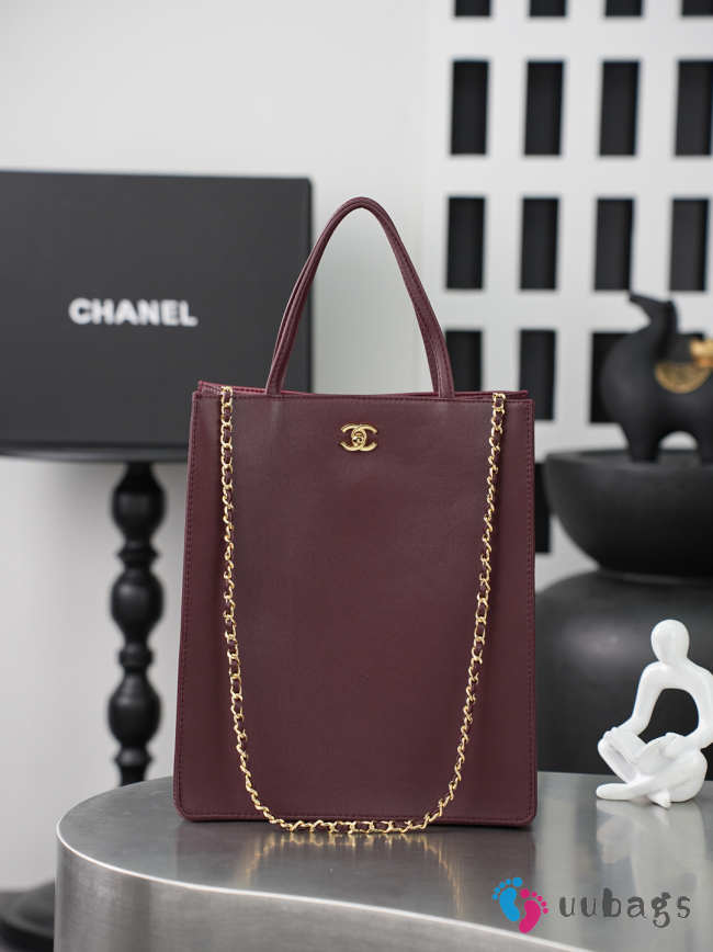 Uubags Chanel Small Shopping Bag In Calfskin And Gold-colored Metal Dark Red Wine 28.5x23.5x9.5cm - 1