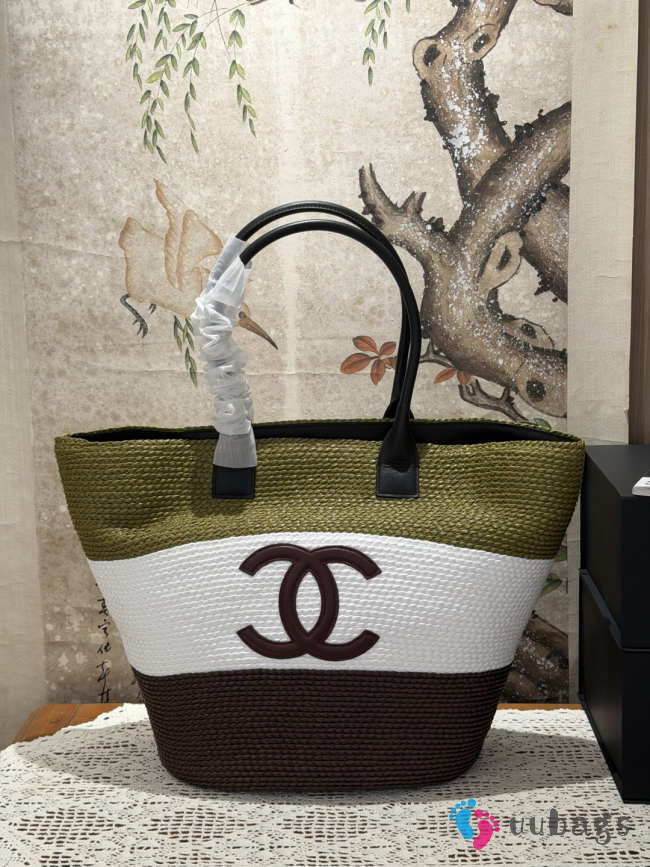 Uubags Chanel Maxi Shopping Bag Raffia & Calfskin In Khaki, White & Brown 58x70x20cm - 1