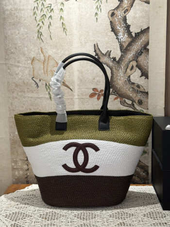 Uubags Chanel Maxi Shopping Bag Raffia & Calfskin In Khaki, White & Brown 58x70x20cm