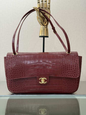 Uubags Chanel East-West Classic Flap Bag In Burgundy Crocodile-Embossed Calfskin & Gold-Tone Metal 26x16x7cm