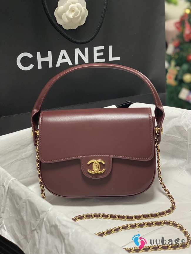 Uubags Chanel mini flap bag with handle shiny calfskin & gold-tone metal dark burgundy 14.5x19.5x5cm - 1