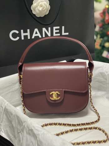 Uubags Chanel mini flap bag with handle shiny calfskin & gold-tone metal dark burgundy 14.5x19.5x5cm
