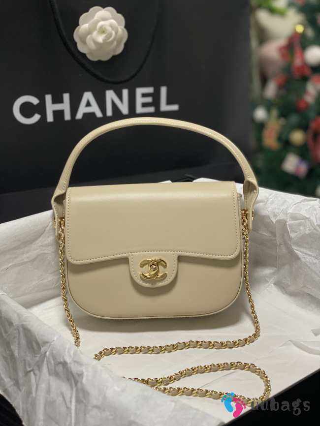 Uubags Chanel mini flap bag with handle shiny calfskin & gold-tone metal dark beige 14.5x19.5x5cm - 1