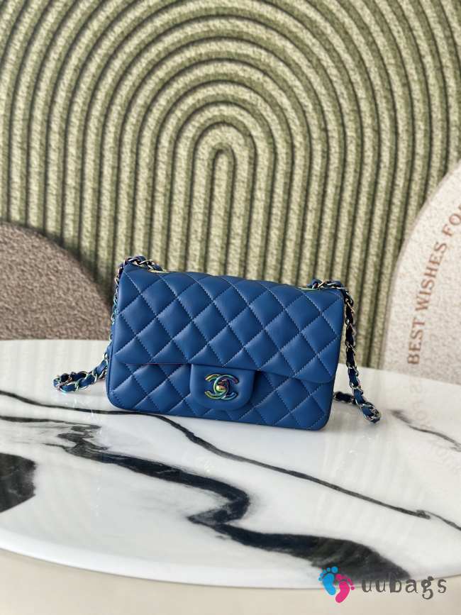 Uubags Chanel Mini Rectangular Classic Flap Bag In Blue Lambskin & Rainbow Metal 20cm - 1