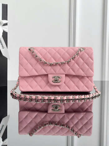 Uubags Chanel double flap bag caviar leather in light pink with silver hardware 25cm