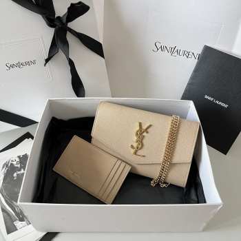 Uubags YSL Uptown Chain Wallet In Grain De Poudre Embossed Leather In Dark Beige 19x12x3cm