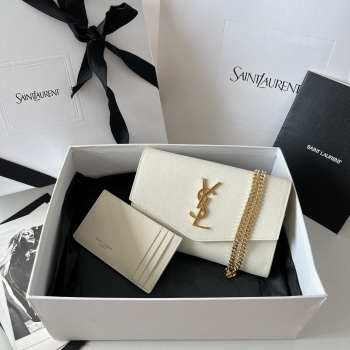Uubags YSL Uptown Chain Wallet In Grain De Poudre Embossed Leather In White 19x12x3cm
