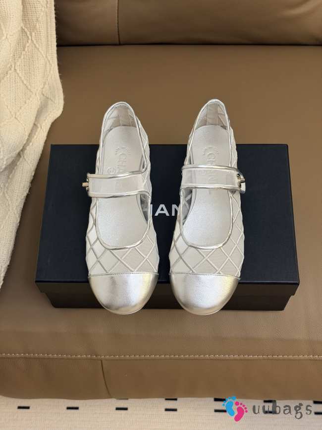 Uubags Chanel Ballet Flats Silver Leather Mesh Sandals Breathable Slip On Loafers - 1