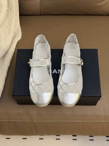 Uubags Chanel Ballet Flats Silver Leather Mesh Sandals Breathable Slip On Loafers