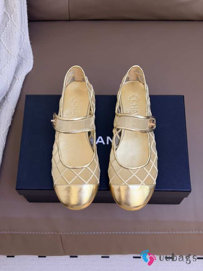 Uubags Chanel Ballet Flats Gold Leather Mesh Sandals Breathable Slip On Loafers - 1