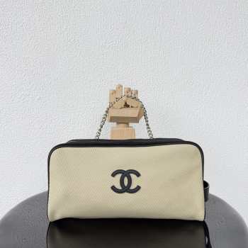 Uubags Chanel Large Zipped Pouch In Canvas, Calfskin & Silver-Tone Metal Beige & Black 17x29x12cm