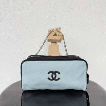 Uubags Chanel Large Zipped Pouch In Canvas, Calfskin & Silver-Tone Metal Blue & Black 17x29x12cm