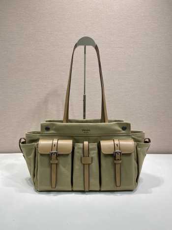 Uubags Prada Route canvas and leather tote bag in khaki 34x25x17cm