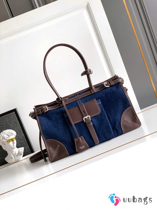Uubags Prada Bonnie large denim and leather handbag in blue/coffee 24x38x12cm - 1