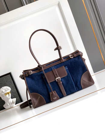 Uubags Prada Bonnie large denim and leather handbag in blue/coffee 24x38x12cm