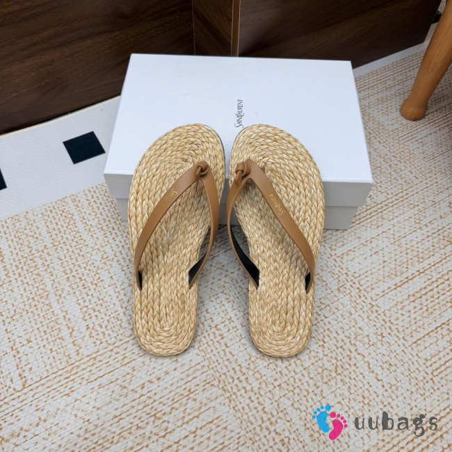 Uubags YSL Pool flip-flops in smooth leather and raffia burnt brown - 1