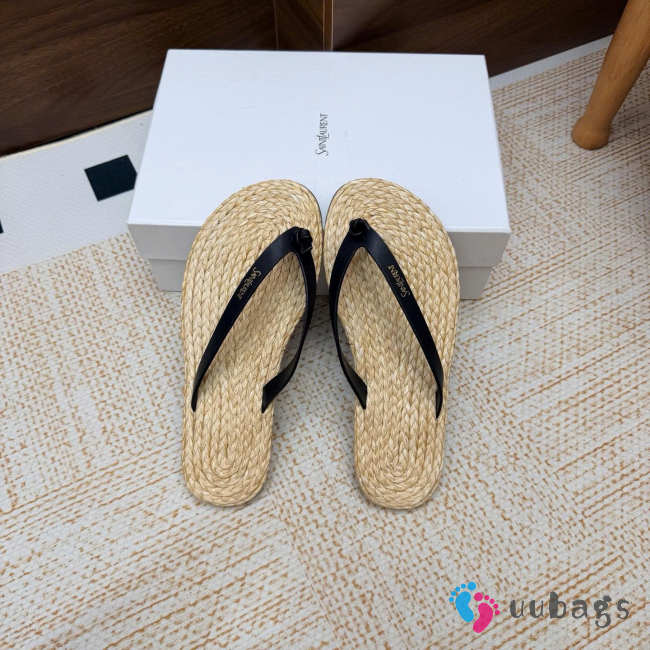 Uubags YSL Pool flip-flops in smooth leather and raffia black - 1