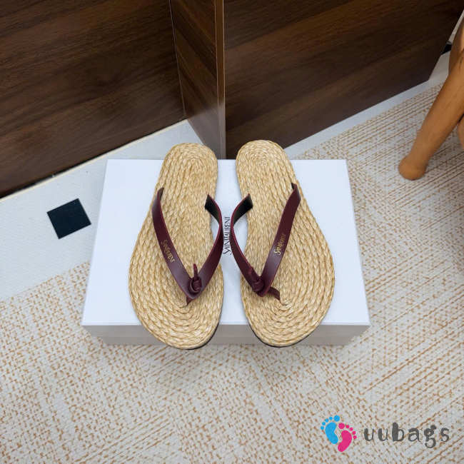 Uubags YSL Pool flip-flops in smooth leather and raffia burgundy - 1