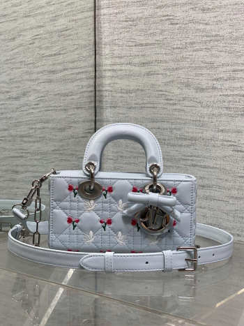 Uubags Dioramour Mini Lady D-Joy Bag Multicolor Doves & Roses Embroidery Cannage Lambskin Light Blue 19x10.5x5.5cm