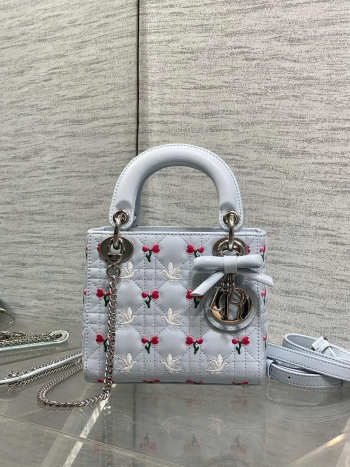 Uubags Dioramour Micro Lady Dior Chain Bag Mini Doves & Roses Embroidery Cannage Lambskin Light Blue 18x15x7cm