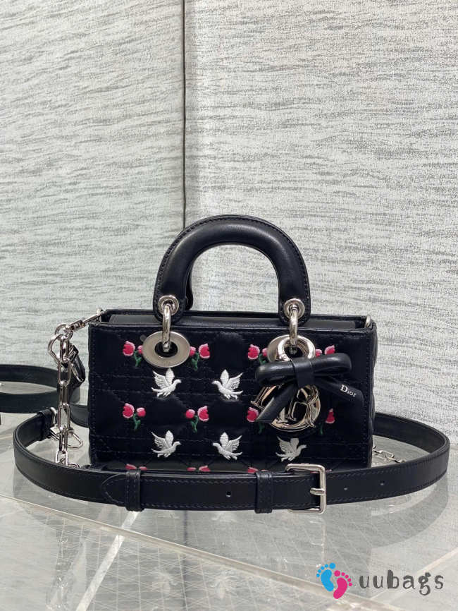 Uubags Dioramour Mini Lady D-Joy Bag Multicolor Doves & Roses Embroidery Cannage Lambskin Black 19x10.5x5.5cm - 1