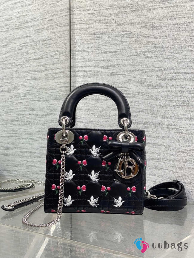 Uubags Dioramour Micro Lady Dior Chain Bag Mini Doves & Roses Embroidery Cannage Lambskin Black 18x15x7cm - 1
