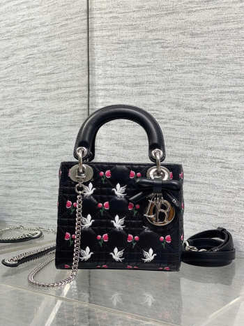 Uubags Dioramour Micro Lady Dior Chain Bag Mini Doves & Roses Embroidery Cannage Lambskin Black 18x15x7cm