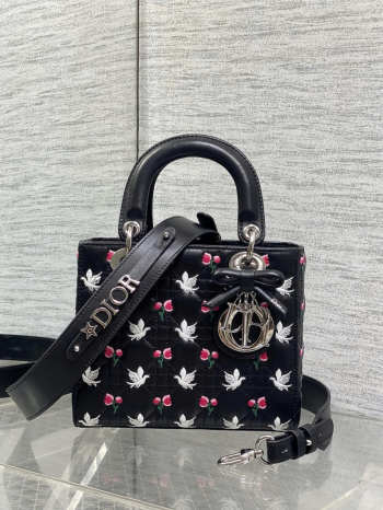 Uubags Dioramour Small Lady Dior Chain Bag Mini Doves & Roses Embroidery Cannage Lambskin Black 20x17x8cm