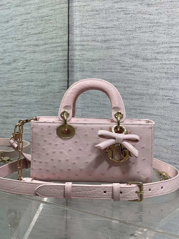 Uubags Dior Mini Lady D-Joy Bag Soupir Pink Ostrich Leather with Strap 22cm