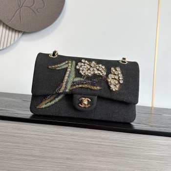 Uubags Chanel classic bag 11.12 embroidered denim, crystal embellishments, rhinestones & gold-colored metal accents black, gold & green 15.5x25.5x6.5cm