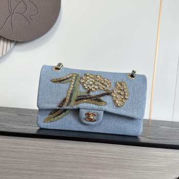 Uubags Chanel classic bag 11.12 embroidered denim, crystal embellishments, rhinestones & gold-colored metal accents blue, gold & green 15.5x25.5x6.5cm