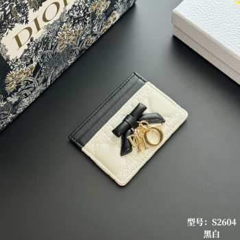 Uubags Lady Dior Freesia Card Holder Two-Tone White and Black Cannage Lambskin 10.5x8x0.5cm