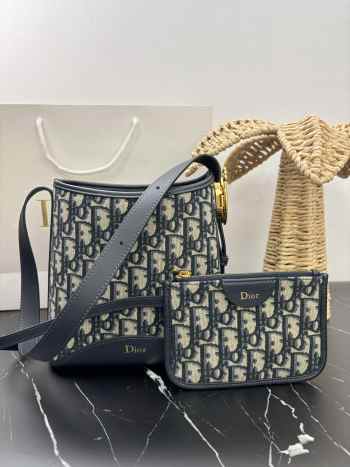 Uubags Small Dior Medaillon Bucket Bag Blue Dior Oblique Jacquard 19x18x12.5cm
