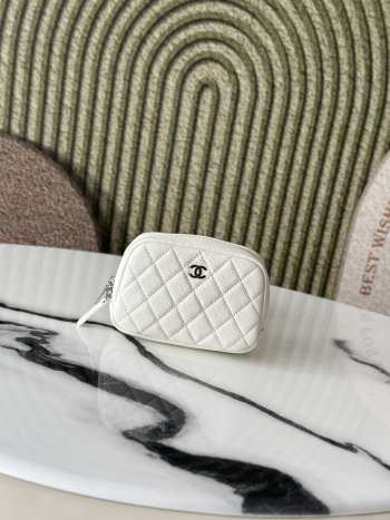 Uubags Chanel Classic Zipped Coin Purse White Grained Calfskin & Silver-Tone Metal 13x3.5x9cm