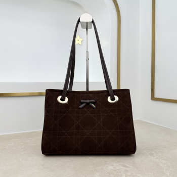 Uubags Small Dior Promenade Shopping Bag Dark Brown Cannage Suede Calfskin 27x19x13.5cm
