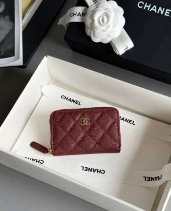 Uubags Chanel Classic Zipped Coin Purse Grained Shiny Calfskin & Gold-tone Metal Burgundy 7.5x11.2cm