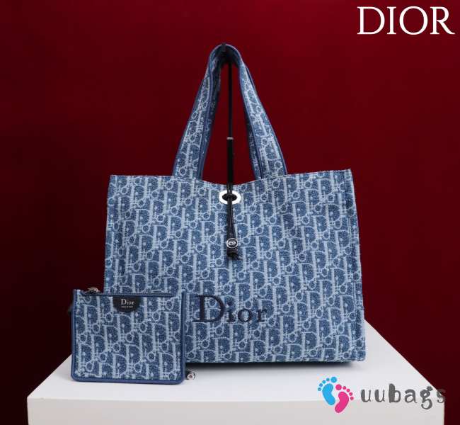 Uubags Medium Dioriviera Spongy Book Tote Soft Dior Oblique Fabric In Blue 36x24x20cm - 1