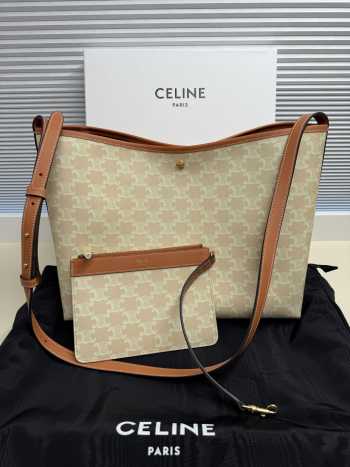 Uubags Celine Soft Shopper Bag In Triomphe Canvas And Calfskin Sandcastle/ Soft Lime 32.5x24.5x14cm