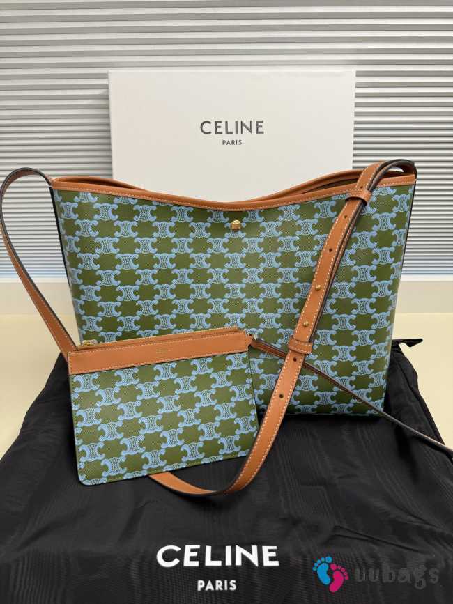 Uubags Celine Soft Shopper Bag In Triomphe Canvas And Calfskin Green 32.5x24.5x14cm - 1