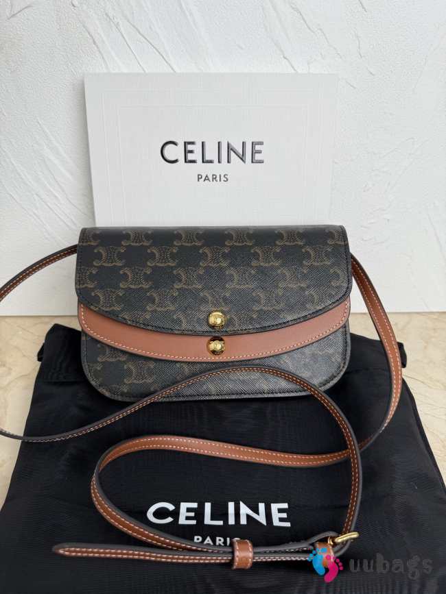 Uubags Celine Duo Wallet On Strap In Triomphe Canvas Calfskin Tan 13x6cm - 1